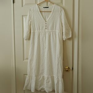 ZARA White Eyelet V-NECK MIDI DRESS